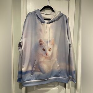 Light Blue Long Sleeve Pullover Hoodie Sweatshirt Size XL White Cat Snow